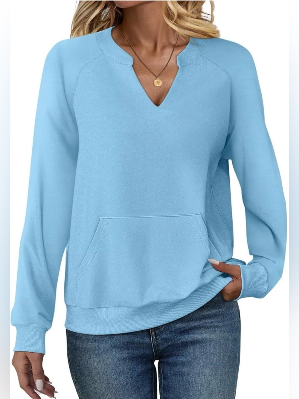 Eadinve Light Blue V-neck Sweatshirt with Pocket size XXL